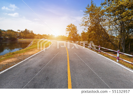 road view reservoir green tree and blue sky 55132957
