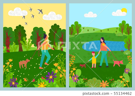 Women Going with Dogs, Walking in Park Vector Women Going with Dogs, Walking in Park Vector 55134462