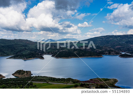 Blue lake in Zahara de la Sierra, Cadiz province, Andalusia, Spain. 55134893