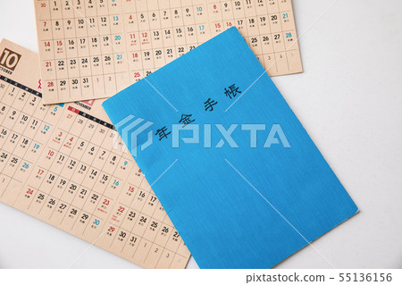 Pension notebook and calendar modern problems on white background, aging 55136156
