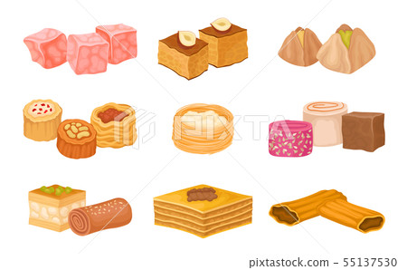 Collection of Turkish sweets. Vector illustration on white background. 55137530