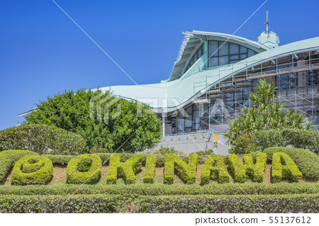沖繩會議中心的一座建築,裝飾著沖繩熱帶海灘附近的宜野灣市的棕櫚樹。 沖繩會議中心的一座建築,裝飾著沖繩熱帶海灘附近的宜野灣市的棕櫚樹。 55137612