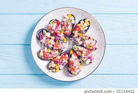 Traditional Peruvian food background with mussels Traditional Peruvian food background with mussels 55138432