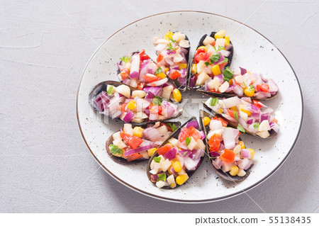 Traditional Peruvian food background with mussels Traditional Peruvian food background with mussels 55138435