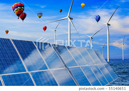 Solar panel and wind turbine farm clean energy. Solar panel and wind turbine farm clean energy. 55140651