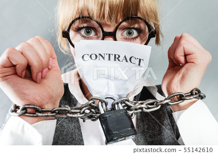 Furious woman with chained hands and contract Furious woman with chained hands and contract 55142610