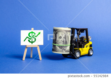Yellow Forklift truck carries a big bundle dollars 55142984