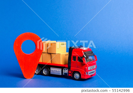 A red truck loaded with boxes and a red pointer A red truck loaded with boxes and a red pointer 55142996