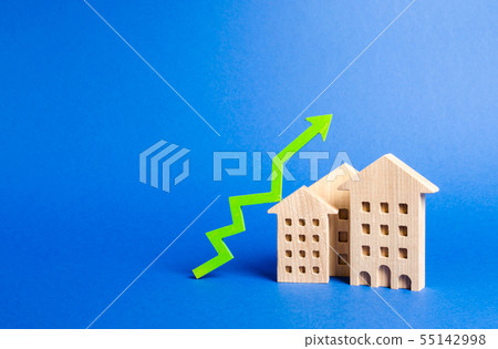 figures of residential buildings and green arrow 55142998