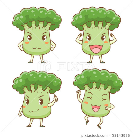 Set Of Cute Cartoon Broccoli In Different Poses 插圖素材 圖庫
