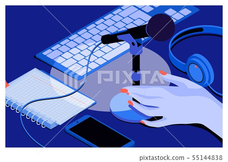 Music or podcast background with headphones, microphone, notebook,keyboard on table Music or podcast background with headphones, microphone, notebook,keyboard on table 55144838