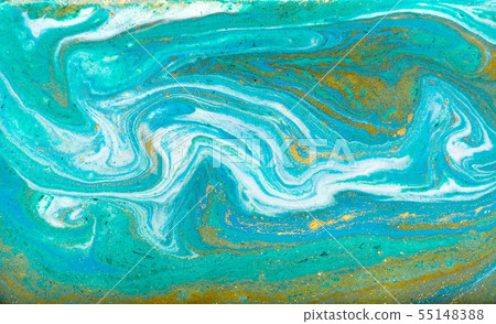 Blue, green and gold marbling pattern. Golden powder marble liquid texture. Blue, green and gold marbling pattern. Golden powder marble liquid texture. 55148388