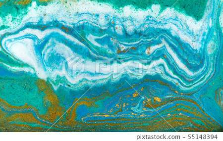Blue, green and gold marbling pattern. Golden powder marble liquid texture. 55148394