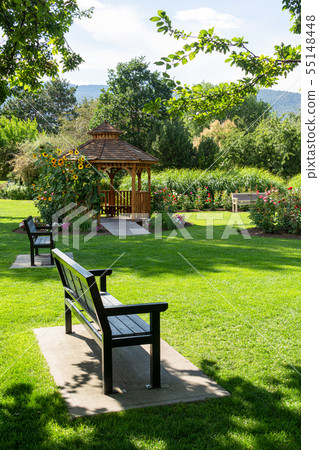 Recreation area in a park with benches and gazebo 55148448
