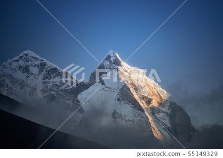 View of Mount Kangtega in Himalaya mountains at sunset. Khumbu valley, Everest region, Nepal 55149329
