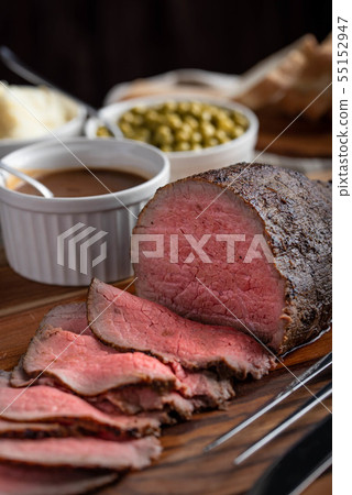 eye of round roasted beef with gravy sauce, potato eye of round roasted beef with gravy sauce, potato 55152947