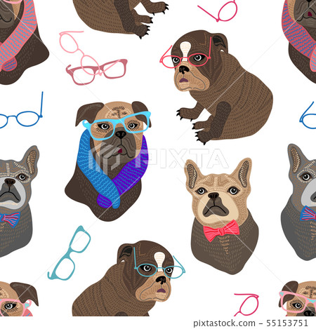 Seamless vector pattern with funny dogs portraits. 55153751