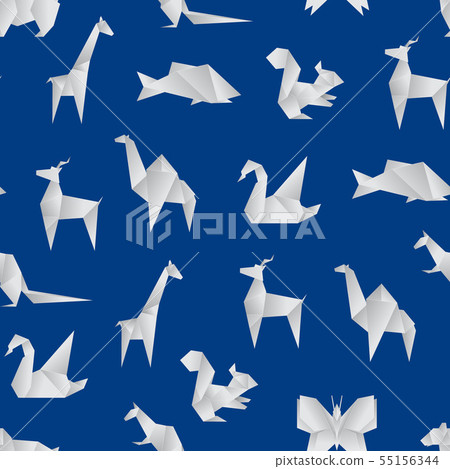Realistic Detailed 3d Origami Paper Animals Seamless Pattern Background. Vector 55156344