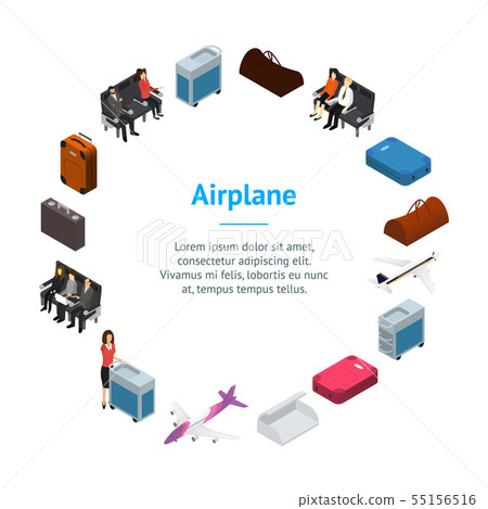 Airplane Interior Elements with People Banner Card Circle Isometric View. Vector Airplane Interior Elements with People Banner Card Circle Isometric View. Vector 55156516