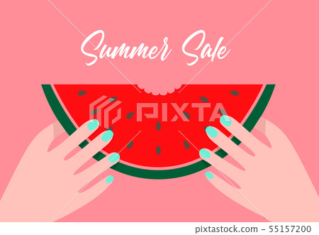 Summer sale cartoon flat illustration. Bitten off watermelon slice hold in hands. 55157200