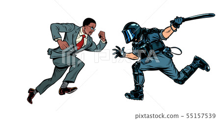 protesting african man. the rights of blacks. riot police with a baton 55157539