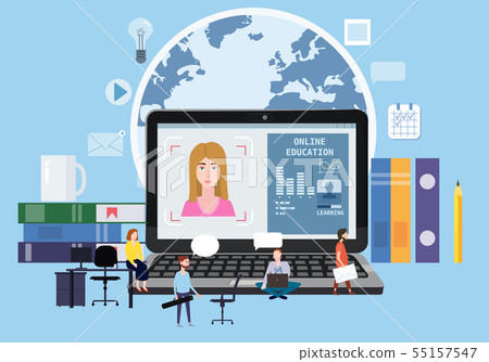Online education webinar icons composition with teacher coach trainer women and students on laptop 55157547