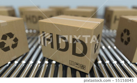 Cartons with HDDs on roller conveyors. 3D rendering 55158045