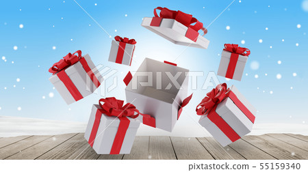 christmas presents on wooden snow background christmas presents on wooden snow background 55159340