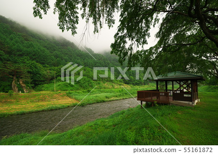 Fresh green Kisogawa "water first station park" which smokes in drizzle Fresh green Kisogawa "water first station park" which smokes in drizzle 55161872