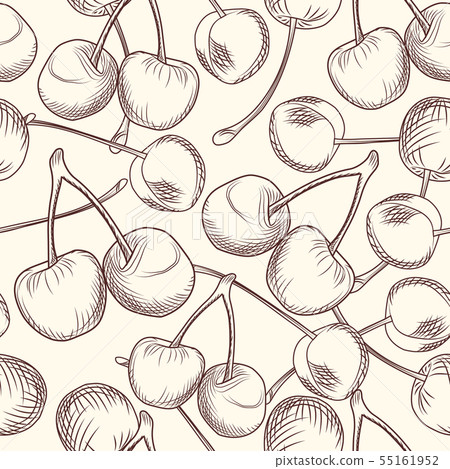 Hand draw cherries seamless pattern. Engraving Hand draw cherries seamless pattern. Engraving 55161952