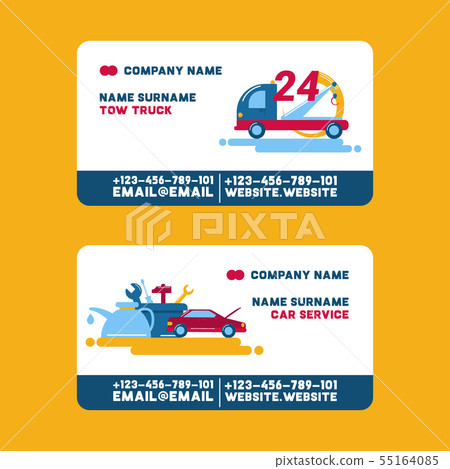 Car repair service and tow truck visiting card, vector illustration. Repairing the car, tire service 55164085