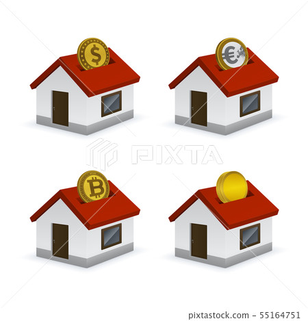 House shaped piggy bank icons with currencies 55164751