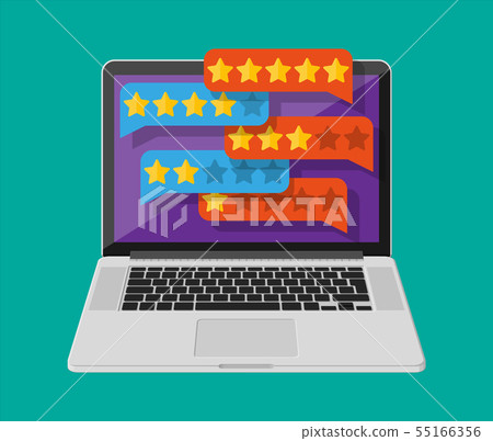 Chat clouds with golden stars on laptop screen. 55166356