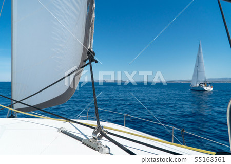 Catamaran sailing at sea in Croatia, Europe 55168561