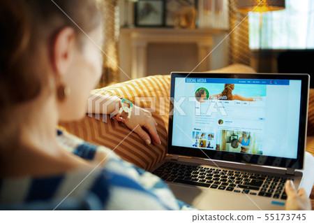 modern housewife watching social media on laptop modern housewife watching social media on laptop 55173745