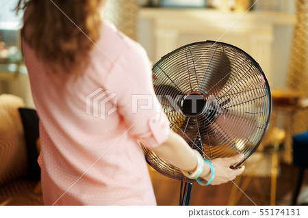 stylish housewife cooling down in front of fan stylish housewife cooling down in front of fan 55174131