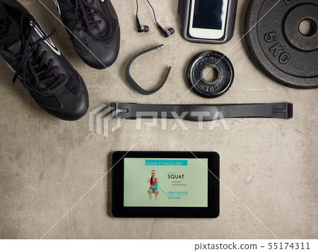 black sneakers, fit tracker and tablet PC with home fitness app black sneakers, fit tracker and tablet PC with home fitness app 55174311