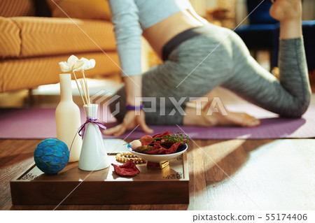 Closeup on tray with fragrant stuff for aroma yoga Closeup on tray with fragrant stuff for aroma yoga 55174406