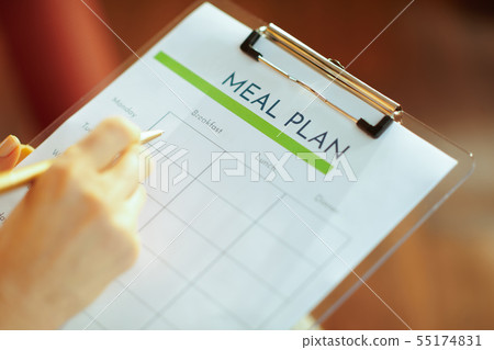 Closeup on female hands filling meal plan in modern living room Closeup on female hands filling meal plan in modern living room 55174831