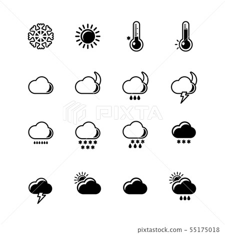 Monochrome silhouettes of weather icons set. Cloudy, sunny and rainy days. Climate visualization Monochrome silhouettes of weather icons set. Cloudy, sunny and rainy days. Climate visualization 55175018