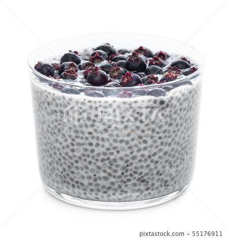 chia seeds pudding with saskatoon berries in glass 55176911