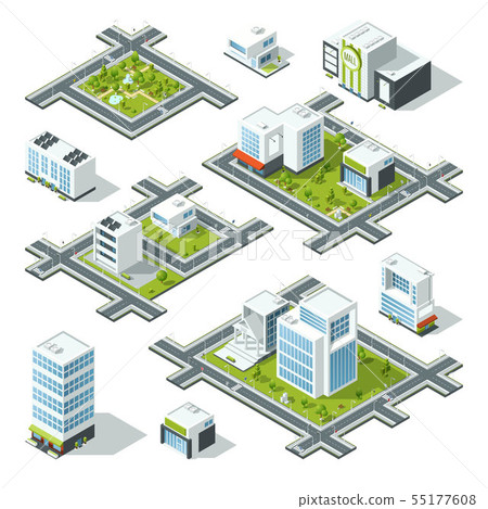 Isometric city 3d vector illustration with office buildings, skyscrapers. Trees and bushes on the Isometric city 3d vector illustration with office buildings, skyscrapers. Trees and bushes on the 55177608