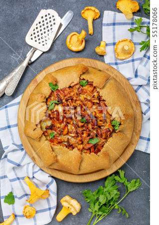 Open pie (Galette) with wild chanterelles. Open pie (Galette) with wild chanterelles. 55178066