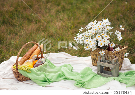 Summer picnic in the meadow on the green grass. Fruit basket, juice and bottled wine, watermelon and Summer picnic in the meadow on the green grass. Fruit basket, juice and bottled wine, watermelon and 55178484
