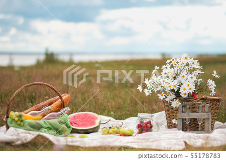 Summer picnic in the meadow on the green grass. Fruit basket, juice and bottled wine, watermelon and Summer picnic in the meadow on the green grass. Fruit basket, juice and bottled wine, watermelon and 55178783