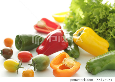 Group image photograph of lettuce and colored peppers and colored tomatoes Group image photograph of lettuce and colored peppers and colored tomatoes 55178964