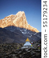 Stupa at sunrise near Dingboche village with prayer flags and mounts Kangtega and Thamserku, Nepal 55179234