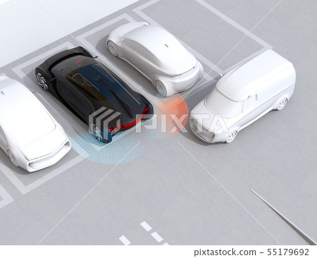 來自後排倉庫的汽車檢測到車輛進入後方並停車。先進的駕駛系統概念 來自後排倉庫的汽車檢測到車輛進入後方並停車。先進的駕駛系統概念 55179692