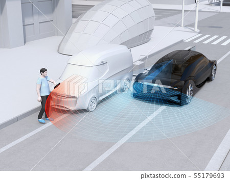 A car that detects pedestrians who have walked out from the side of a home delivery car parked at the side of the road and makes a sudden stop. Automatic brake concept 55179693