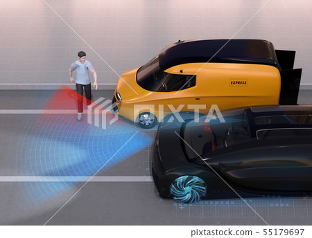 一輛汽車檢測到從一輛送貨車側面走出的行人停在路邊並突然停下來。自動剎車概念 55179697